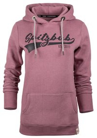 Roze hoodie met een trekkoordcapuchon, voorste kangaroo-zak en geribde manchetten. Voorzien van zwarte "Spitzbub" tekst en een embleem uit 2017. Zachte stofstructuur.