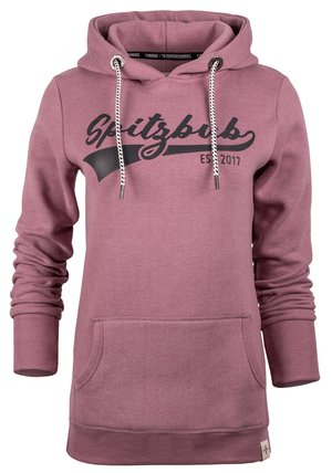 Roze hoodie met een trekkoordcapuchon, voorste kangaroo-zak en geribde manchetten. Voorzien van zwarte "Spitzbub" tekst en een embleem uit 2017. Zachte stofstructuur.