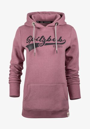 Rosa Kapuzenpullover mit Kordelzug, vordertasche im Känguru-Stil und gerippten Bündchen. Mit schwarzem "Spitzbub"-Text und einem Emblem aus dem Jahr 2017. Weicher Stoff.
