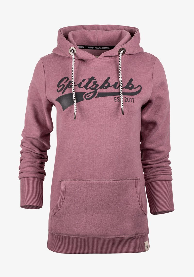 Roze hoodie met een trekkoordcapuchon, voorste kangaroo-zak en geribde manchetten. Voorzien van zwarte "Spitzbub" tekst en een embleem uit 2017. Zachte stofstructuur.