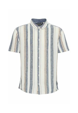 Lühikese varrukaga nööbiga särk, millel on vertikaalsed sinised, valged ja heledast pruunist triibud, kerge kangaga, krae ja kõvergamäär.