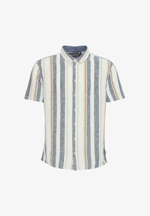 Trumpas rankovėmis marškinėliai su mygtukais, dekoruoti vertikaliomis mėlynomis, baltomis ir šviesiai rudos spalvos juostomis, pagaminti iš lengvos medžiagos, su apykakle ir išlenktu kraštu.