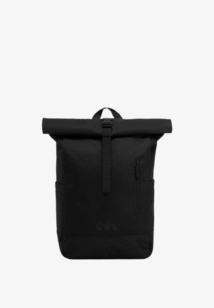 Black roll-top backpack with front vertical zipper pocket and adjustable buckle strap closure, set against a white background.