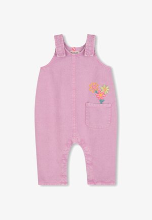 Rosa Jeans-Latzhose mit Schulterträgern, Reißverschluss vorne und einer auf die rechte Tasche gestickten Blume. Ärmelloses Design mit abgerundeten Beinöffnungen.
