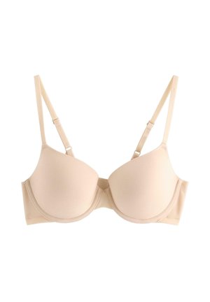 Beige støbt BH med bøjle, justerbare tynde stropper og glatte skåle, designet til daglig komfort og støtte.