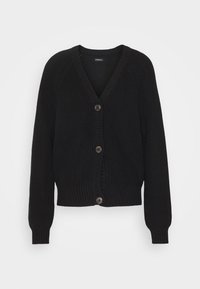 Czarny dziergany kardigan z dekoltem w szpic, długimi rękawami, prążkowanymi mankietami oraz pięcioma brązowymi guzikami z przodu. Gładka faktura.