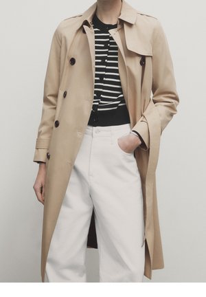 Persoon draagt een beige trenchcoat over een zwart-wit gestreept, geknoopt shirt met witte, hooggetailleerde broek, hand in de zak.