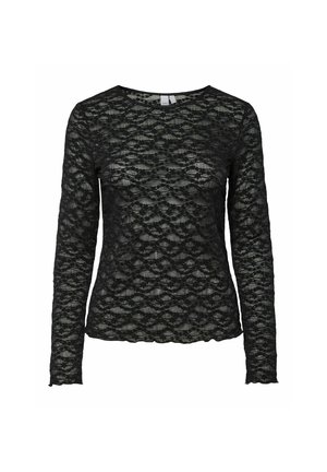 Top lungo in pizzo nero con un sottile motivo ondulato e bordo a scallop. Tessuto leggero e semitrasparente con colletto a girocollo.
