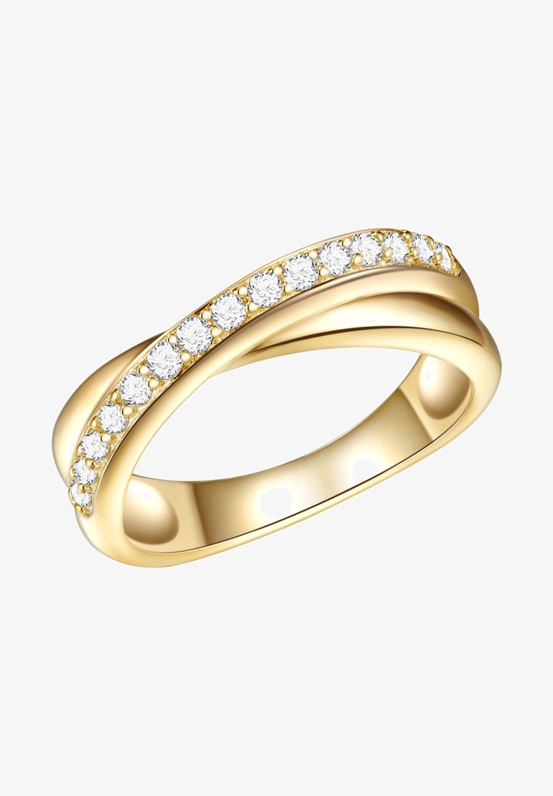 Zlatý prsteň so dvoma prepletajúcimi sa prúžkami, ktorý má po vrchnej hrane radu okrúhlych, jasných drahokamov, hladký leštený povrch.