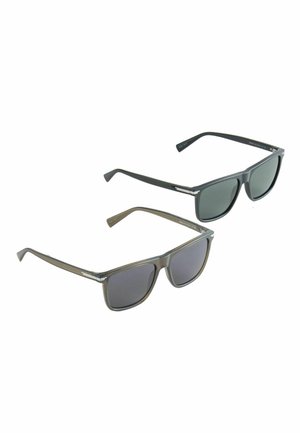 Two pairs of rectangular sunglasses with dark lenses, one black frame and one brown frame, shown on a white background.