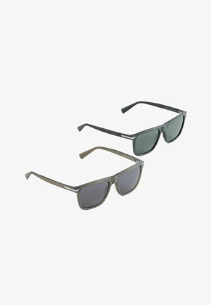 Two pairs of rectangular sunglasses with dark lenses, one black frame and one brown frame, shown on a white background.