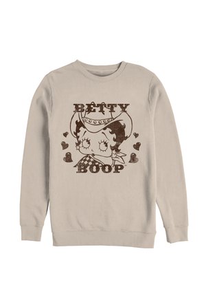 Beżowa bluza z brązowym nadrukiem kreskówkowej postaci Betty Boop w kowbojskim kapeluszu, z sercami oraz napisem "BETTY BOOP" nad i pod postacią.