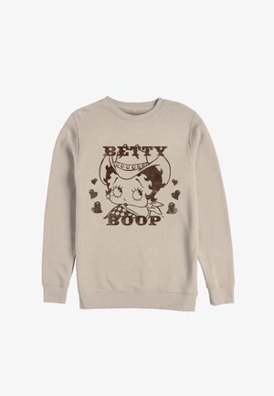 Sudadera beige con un estampado marrón del personaje de dibujos animados Betty Boop, que lleva un sombrero de vaquero, con corazones y el texto "BETTY BOOP" arriba y abajo.