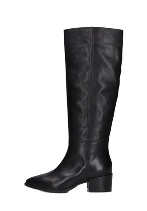 Black leather knee-high boots with a rounded toe, block heel, and smooth texture. Simple design features minimal stitching and no accents.