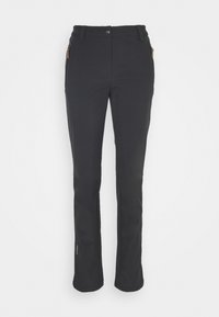 Pantalones negros ajustados con bolsillos con cremallera y pasadores para cinturón, diseñados para uso al aire libre o actividades deportivas.