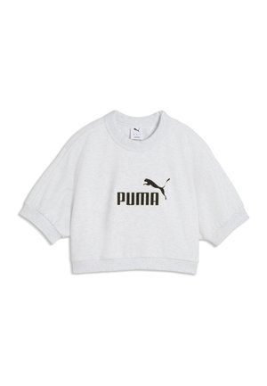 Witte cropped sweatshirt met korte mouwen, geribde boorden en zoom, met zwart Puma-logo en tekst op de borst.