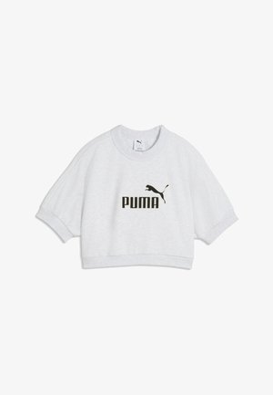 Sweat-shirt court blanc à manches courtes avec poignets et ourlet côtelés, avec logo Puma noir et texte sur la poitrine.