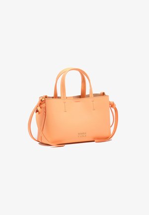 Small rectangular peach leather handbag with two top handles, adjustable shoulder strap, and "BIMBA Y LOLA" logo on front.