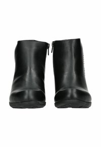 Czarne botki za kostkę z gładkiej syntetycznej skóry, zaokrąglonym noskiem i bocznym zamkiem błyskawicznym. Płaska gumowa podeszwa, minimalistyczny design.