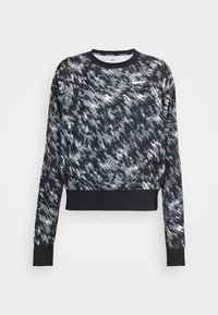Schwarzes, kurzes Sweatshirt mit einem strukturierten, abstrakten Muster in Grau und Weiß. Verfügt über lange Ärmel und einen runden Ausschnitt. Nike-Logo auf der Brust.