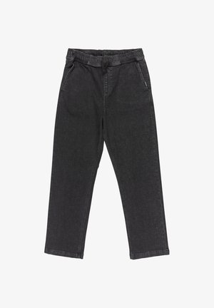 Pantaloni jogger in denim nero con vita elasticizzata, coulisse, tasche laterali e vestibilità dritta.