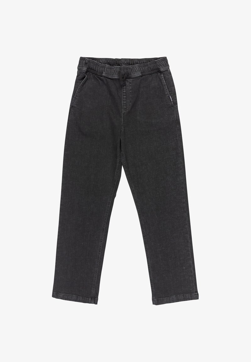 Pantalones jogger de mezclilla negra con cintura elástica, cordón, bolsillos laterales y corte recto.