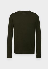 Tmavě zelený pletený svetr s kulatým výstřihem, dlouhými rukávy a žebrovanými manžetami a lemem. Textura je hladká a jednotná.