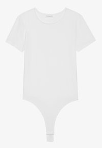 Body en coton blanc avec manches courtes et encolure ronde. Doté d'une fermeture à pression en bas pour un ajustement sécurisé. Texture lisse.