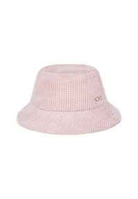 Różowy kapelusz bucket z kolorowej sztruksowej tkaniny, z pionowymi żeberkami, miękką teksturą, szerokim rondem i małym złotym logo po boku.