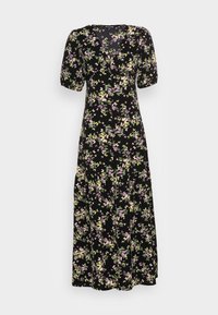 Svart blommig klänning med korta puffärmar, med en V-ringning, en åtsittande bodice och en flödande kjol prydd med lila och gröna blommor.
