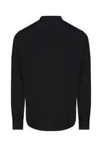 Camicia nera a maniche lunghe, design con colletto, realizzata in tessuto liscio, con orlo dritto e polsini con bottoni senza pattern visibili.