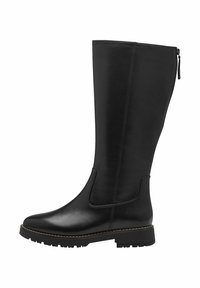 Knee-high black leather boots with a sleek design, side zipper, and textured sole for enhanced grip. Accented with contrasting stitching.