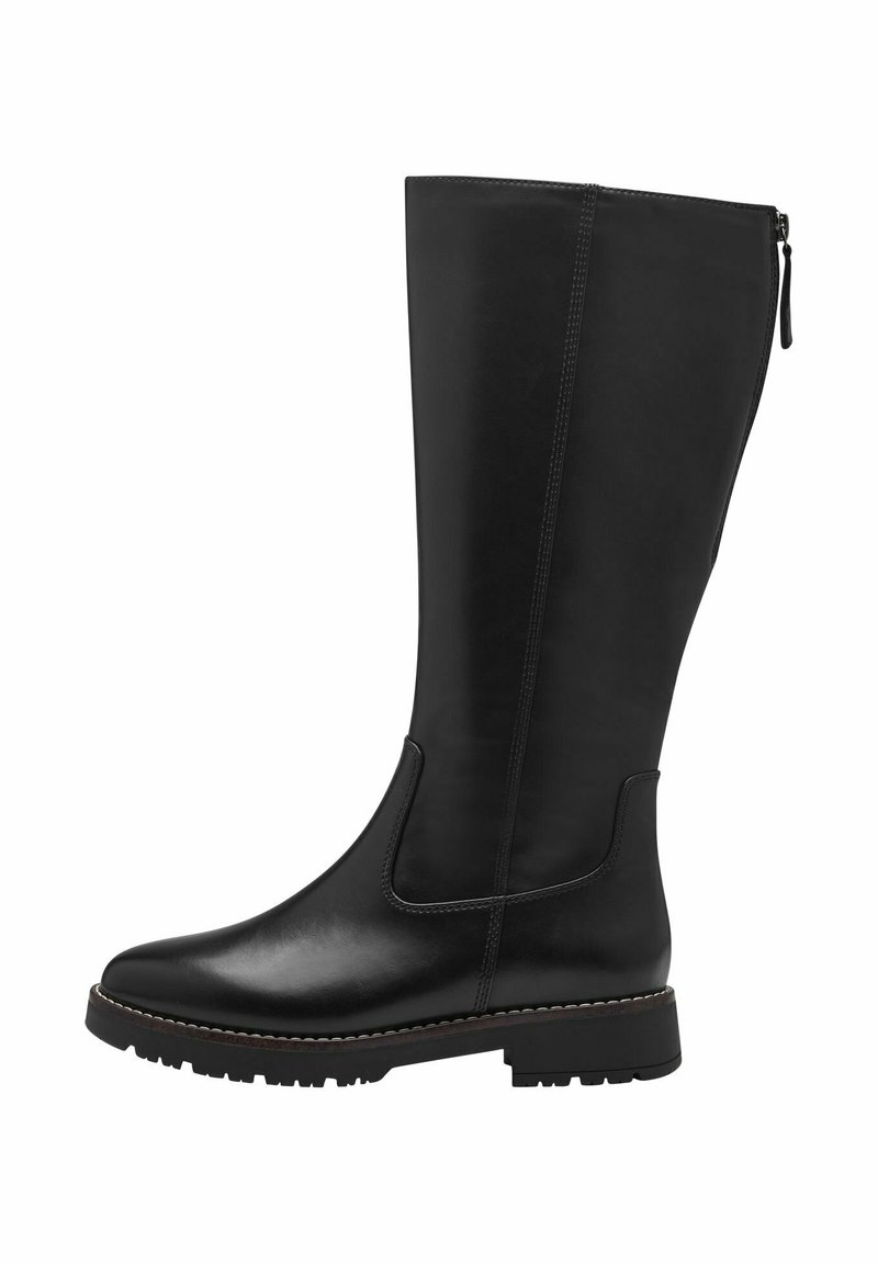 Knee-high black leather boots with a sleek design, side zipper, and textured sole for enhanced grip. Accented with contrasting stitching.