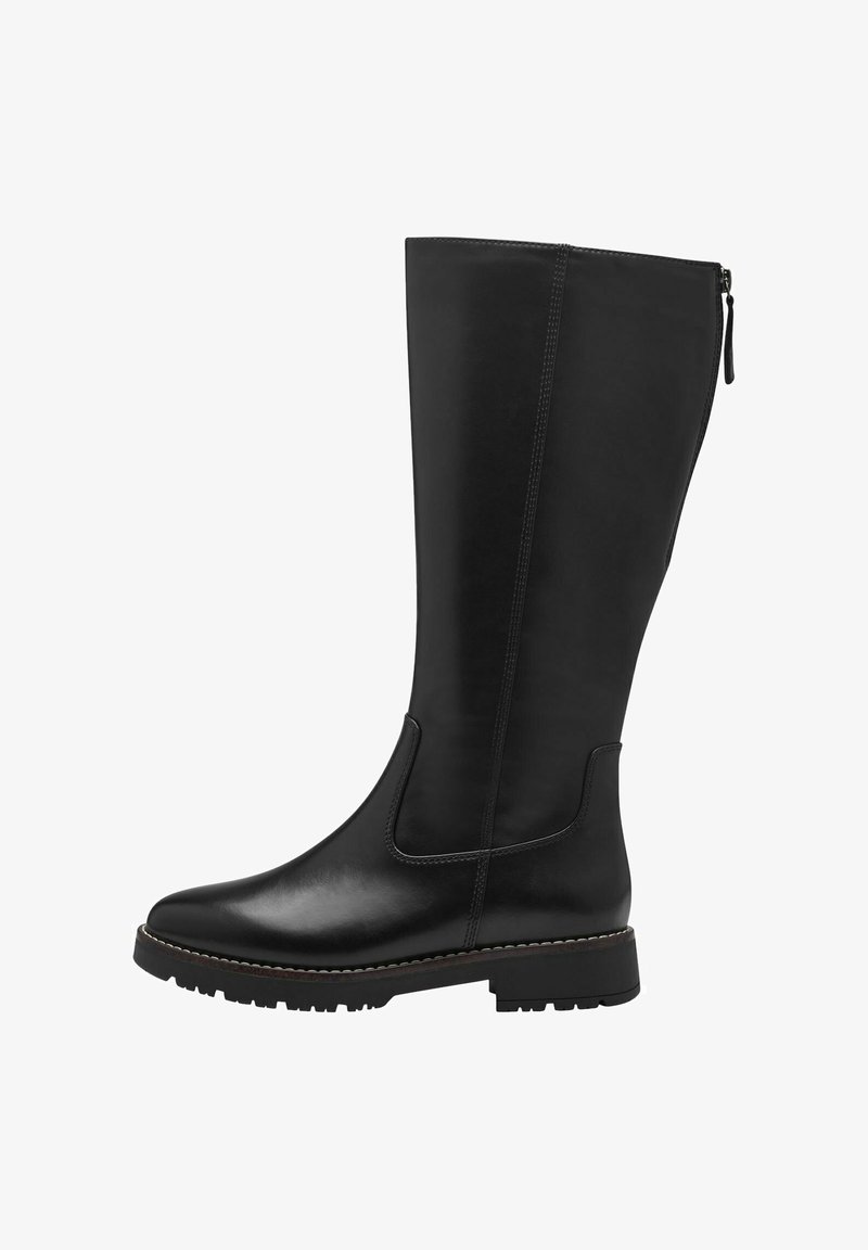 Knee-high black leather boots with a sleek design, side zipper, and textured sole for enhanced grip. Accented with contrasting stitching.