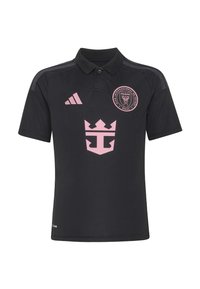 Juodas polo marškinėlis su rožine Adidas logotipu, Majamio futbolo klubo herbu su tekstu ir centriniu rožiniu karūnos simboliu.
