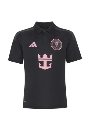 Čierna polokošeľa s ružovým logom Adidas, erbom futbalového klubu Miami s textom a ružovou korunou uprostred.