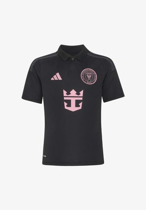 Black polo shirt featuring pink Adidas logo, Miami soccer club crest with text, and a central pink crown emblem.