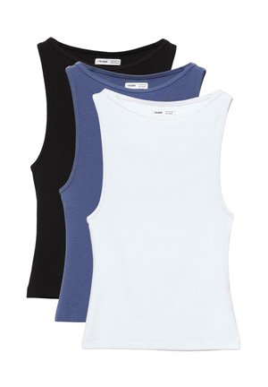 Three sleeveless tank tops stacked, colors black, blue, and white, each with round neck and brand label visible inside collar.