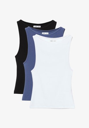 Trois débardeurs sans manches empilés, couleurs noir, bleu et blanc, chacun avec un col rond et une étiquette de marque visible à l'intérieur du col.