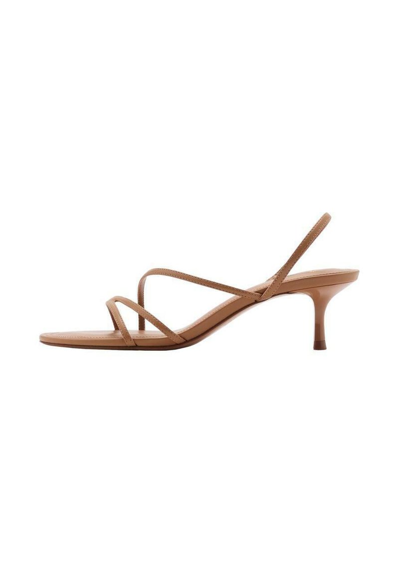 Brown strappy sandal with a minimalist design. Features a slim heel and flat sole, made from smooth material with fine straps.