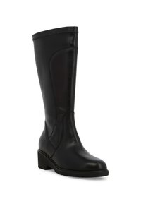 Stivale nero al ginocchio in pelle liscia, con punta arrotondata e piccolo tacco a blocchetto, caratterizzato da un dettaglio di cucitura sottile e un pannello laterale testurizzato.