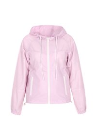 Giacca a vento rosa chiaro con chiusura a zip, cappuccio regolabile e polsini elasticizzati. Presenta due tasche laterali con cerniere bianche. Tessuto morbido e leggero.