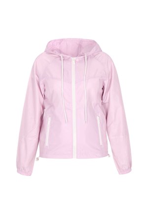 Kerge roosa tuulekindel jope, millel on luku kinnitusega, reguleeritav kapuuts ja elastsed mansetid. Kahe küljetasku valged lukud. Sile, kerge kangas.