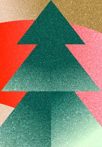 Σχεδίαση Πέτρινου Χριστουγεννιάτικου Δέντρου σε Πράσινη Λάμψη �πάνω σε πολύχρωμο φόντο με κόκκινους, ροζ και χρυσούς τόνους και υφή.