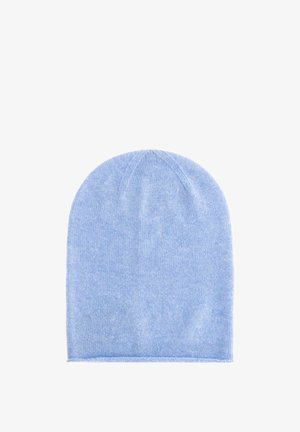 Hellblauer gestrickter Beanie mit weicher Textur, standardmäßiger runder Form und dezentem Nahtdetail an der Krone und am Saum.