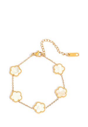 Gold bracelet with five white mother-of-pearl flower-shaped charms linked by delicate chains and a lobster clasp closure with extender chain.