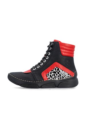 High-top black and red sneaker with black and white animal print panel, quilted red ankle padding, and black sole with stitching details.