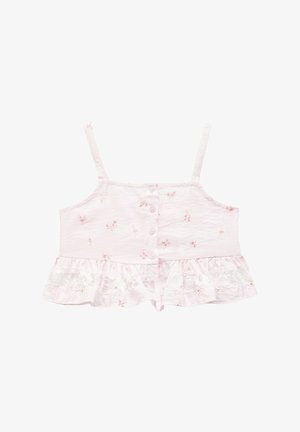Top in cotone rosa con spalline sottili, caratterizzato da bottoni frontali, stampa floreale e un orlo arricciato con rifinitura in pizzo.