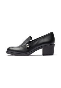 Black leather low block heel loafer with decorative silver buckle and rounded toe, shown in side profile on white background.
