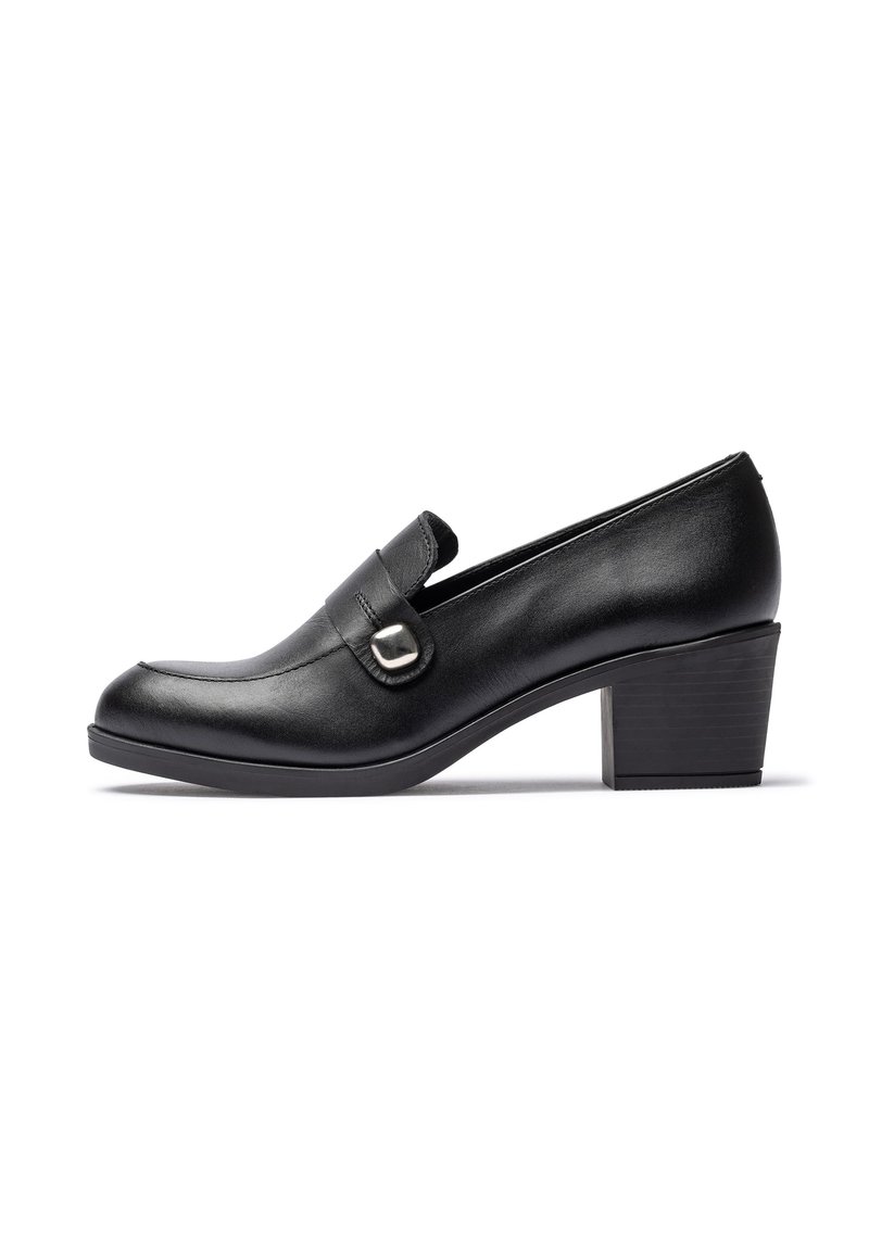 Black leather low block heel loafer with decorative silver buckle and rounded toe, shown in side profile on white background.